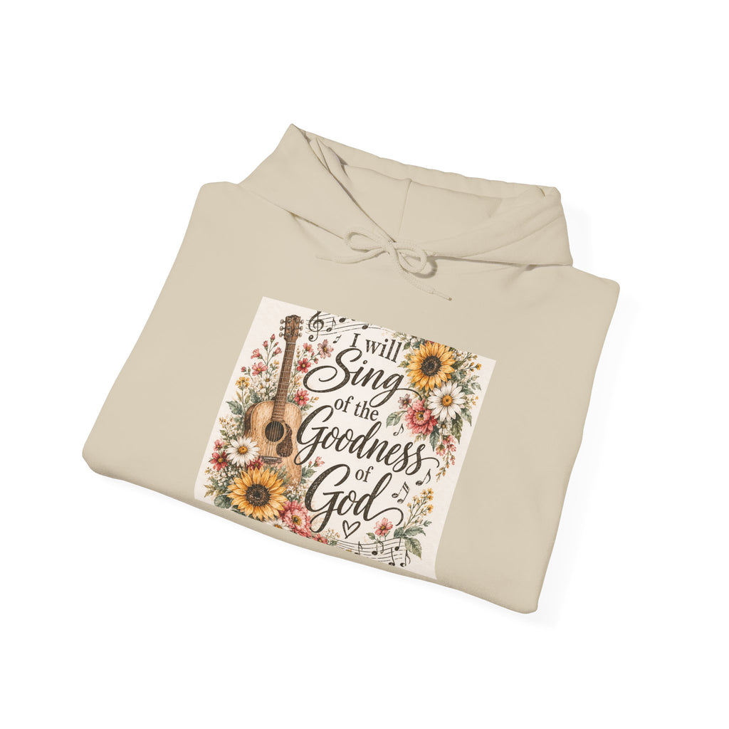 Christian Hoodie — "I Will Sing of the Goodness of God" Floral Guitar Design