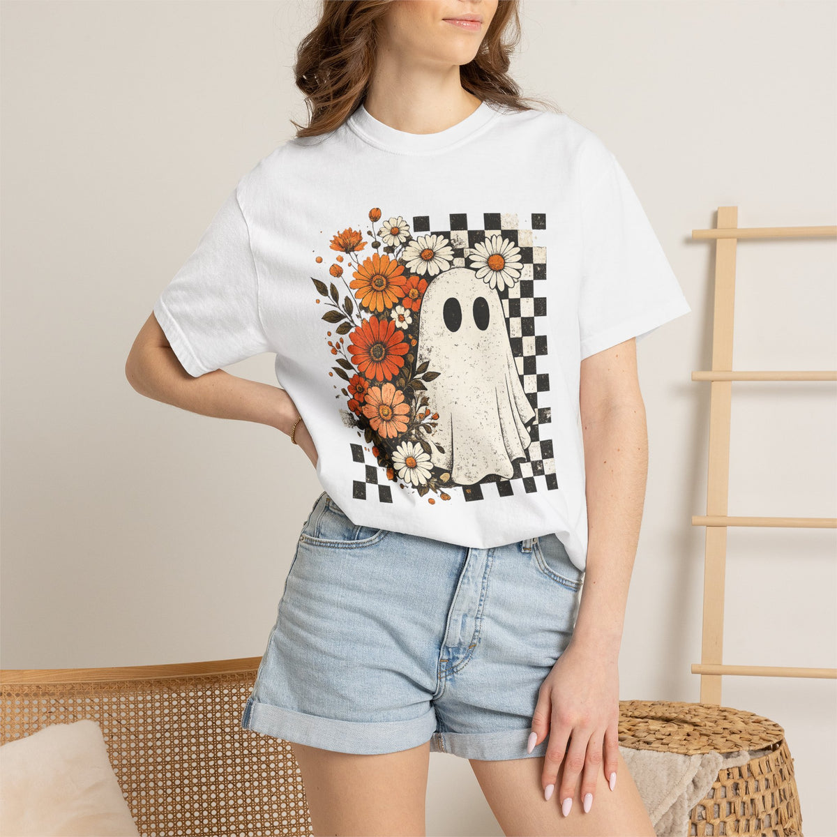 Ghost & Flowers Graphic Tee — Checkerboard Floral Halloween T-Shirt