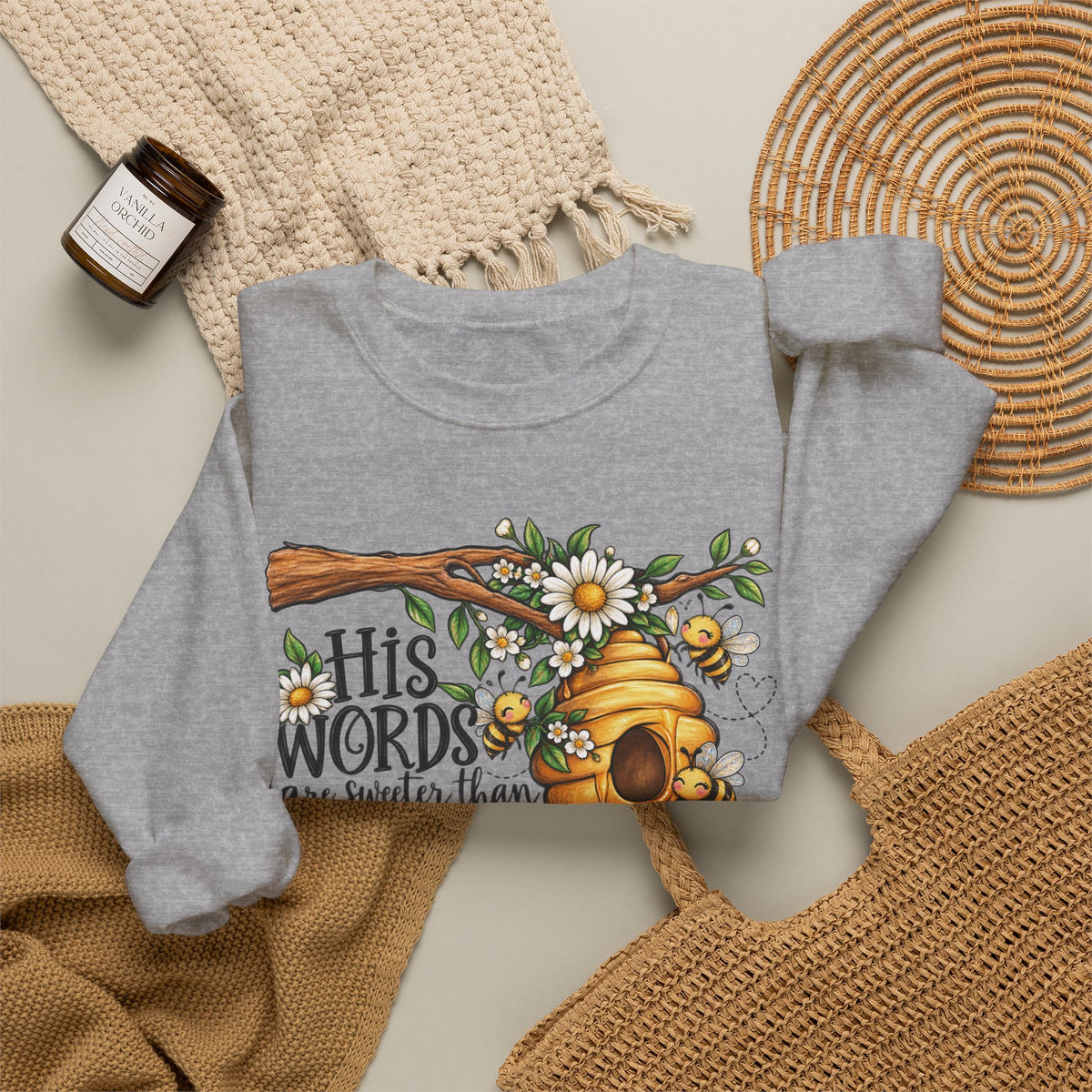 Crewneck Sweatshirt — “His Words Are Sweeter Than Honey” Bee & Beehive Design