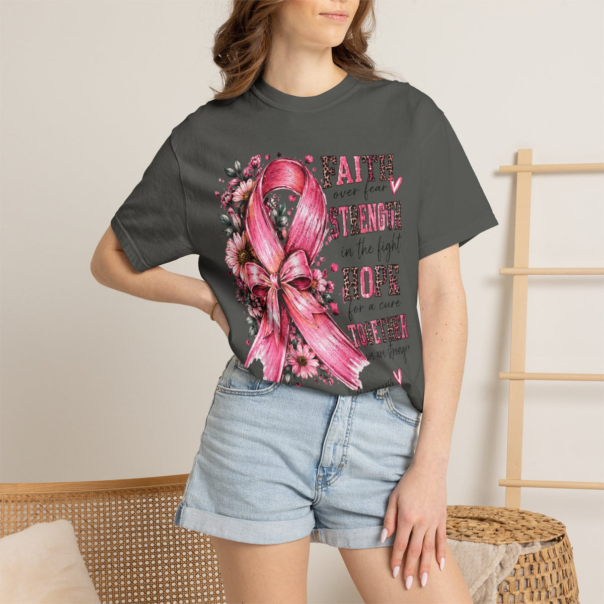 Breast Cancer Awareness Ribbon T-Shirt – Faith Strength Hope Together