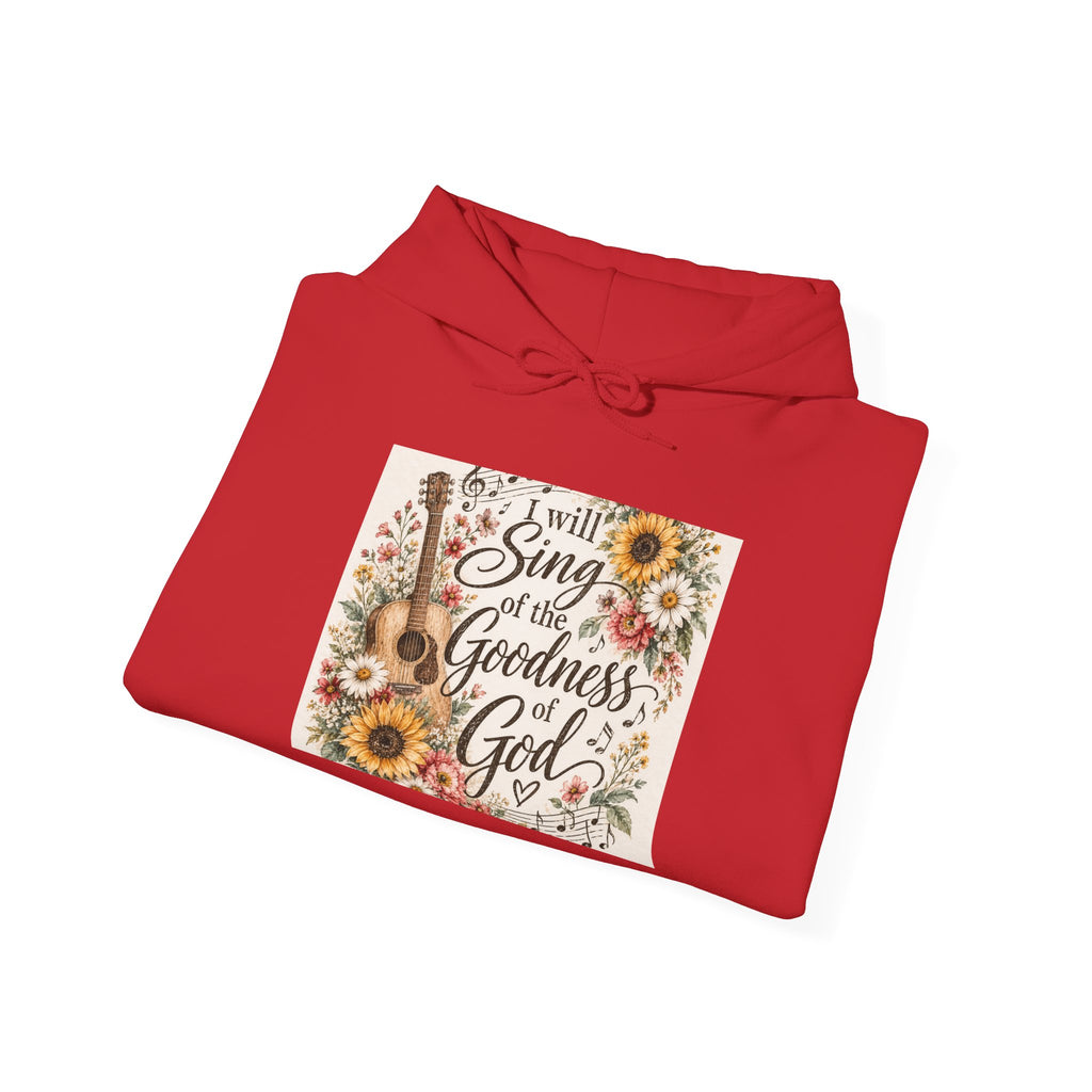 Christian Hoodie — "I Will Sing of the Goodness of God" Floral Guitar Design