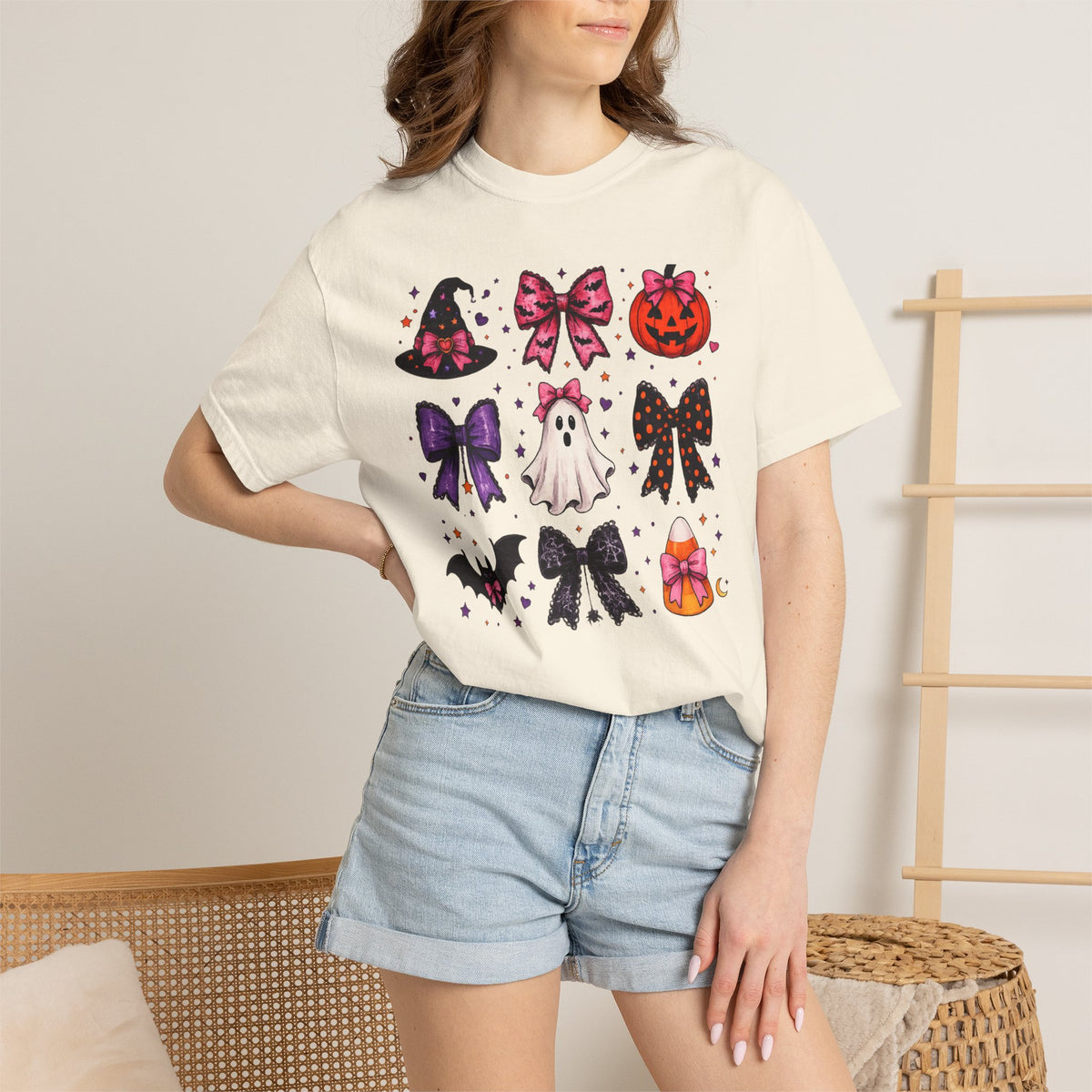 Halloween Bow Icons T-Shirt — Cute Spooky Ghost, Pumpkin & Bat Graphic Tee