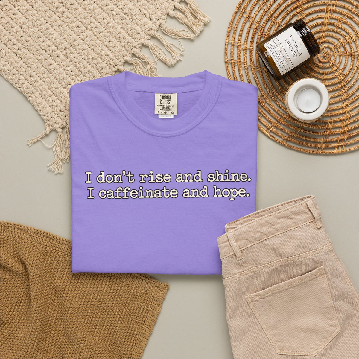 I don't rise and shine I caffeinate and hope T-Shirt — Funny Coffee Tee