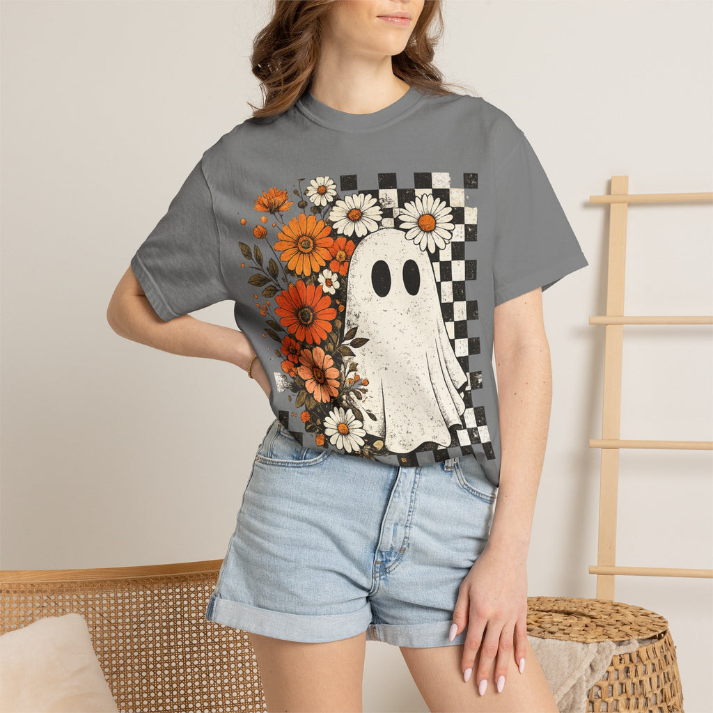 Ghost & Flowers Graphic Tee — Checkerboard Floral Halloween T-Shirt