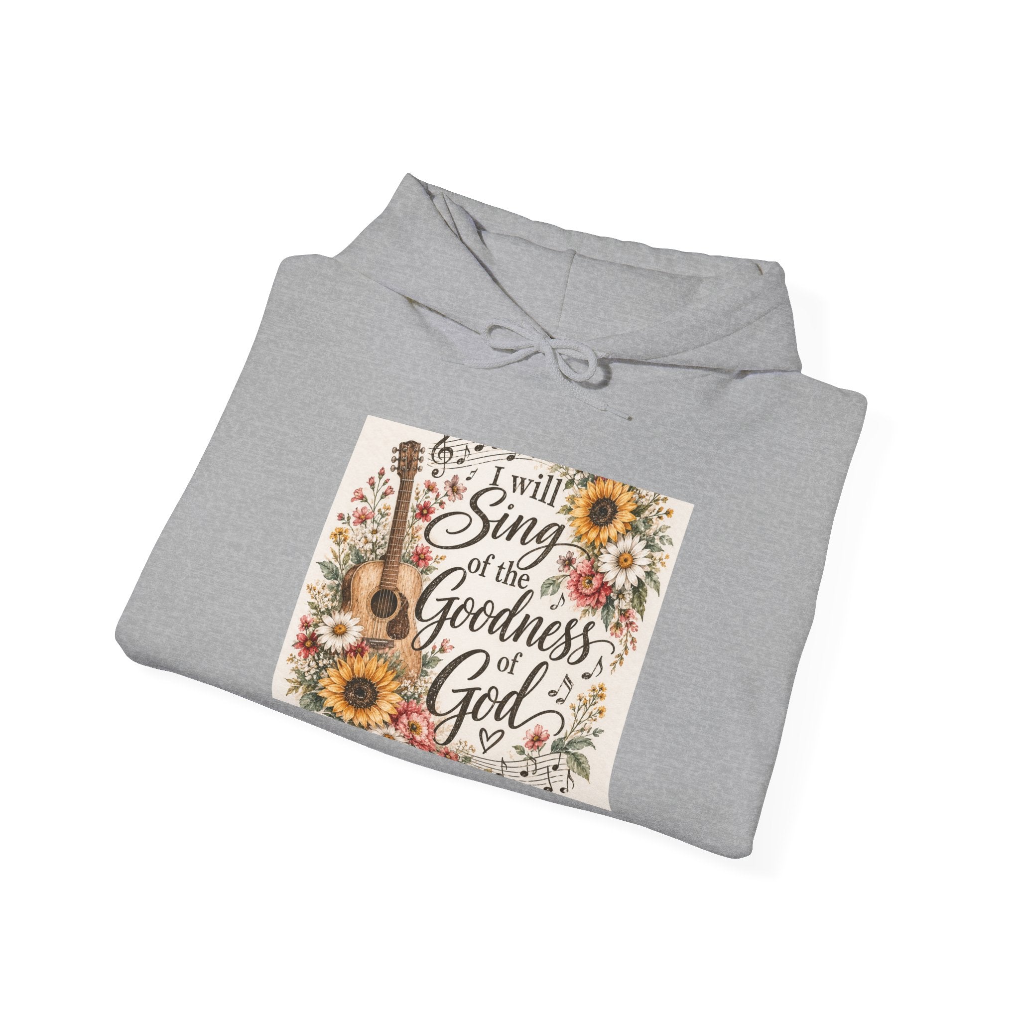 Christian Hoodie — "I Will Sing of the Goodness of God" Floral Guitar Design