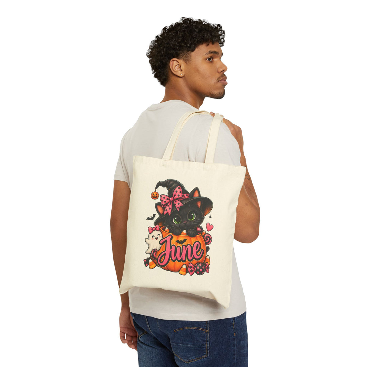 June Witch Cat Halloween Tote Bag — Cute Seasonal Canvas Market Bag