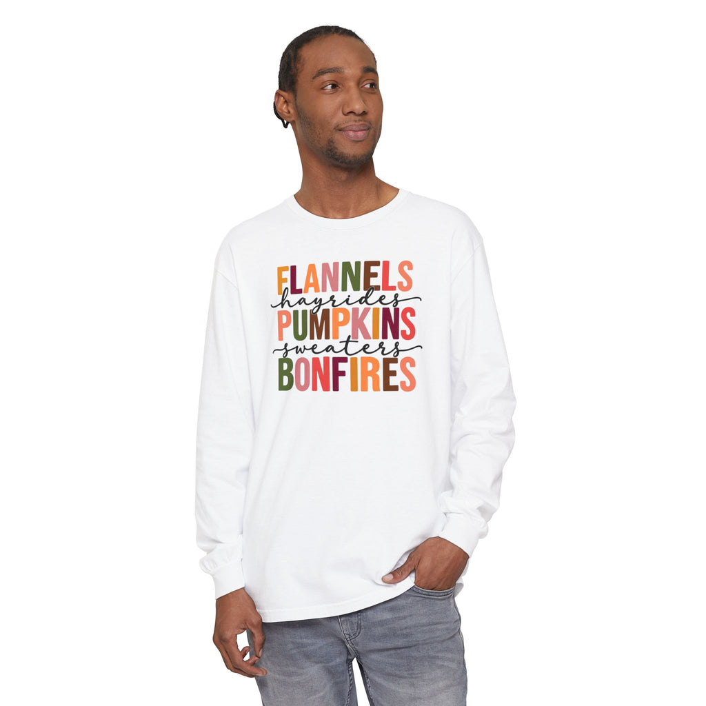 Fall Vibes Long Sleeve Tee — “Flannels Hayrides Pumpkins Sweaters Bonfires”