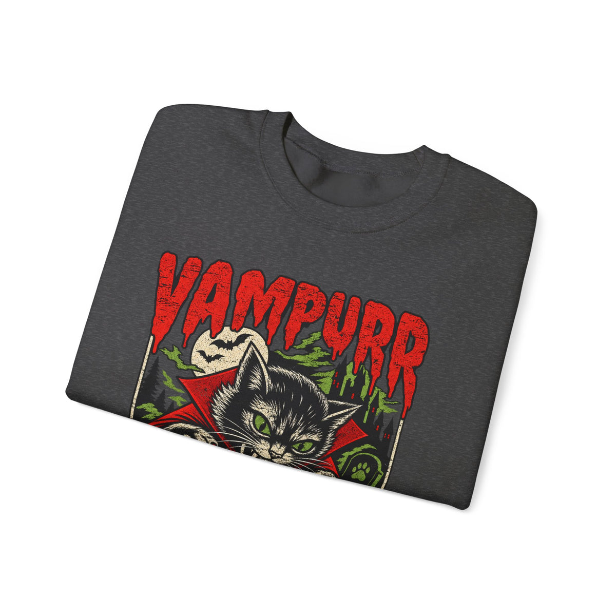 Vampurr Bites Again Sweatshirt — Retro Horror Cat Graphic Crewneck