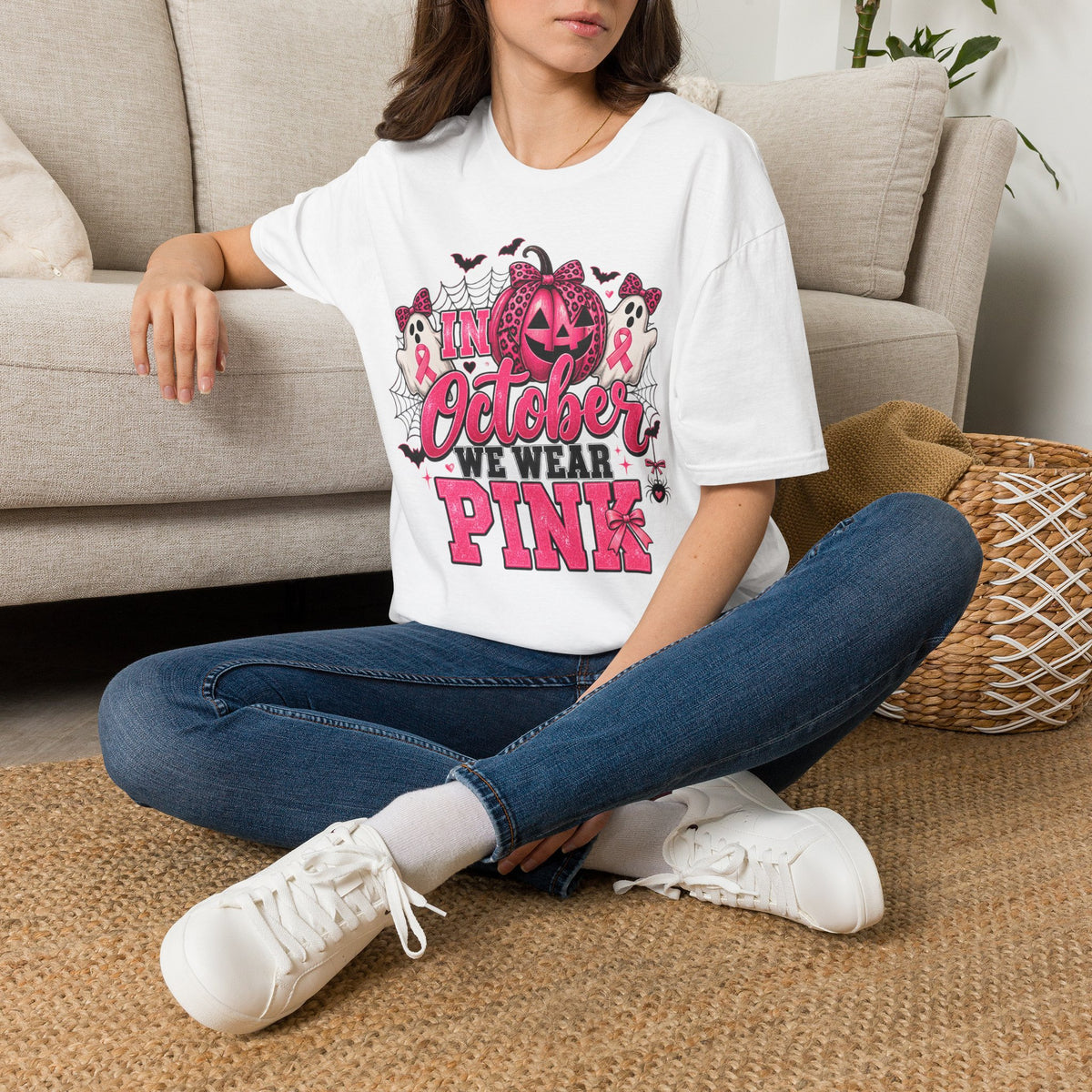 Breast Cancer Awareness Halloween T-Shirt — "In October We Wear Pink" Pumpkin & Ghost Design