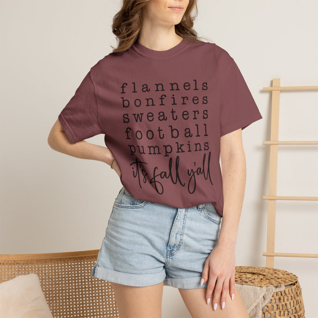 It's Fall Y'all T-Shirt — Flannels, Bonfires, Sweaters & Pumpkins Tee
