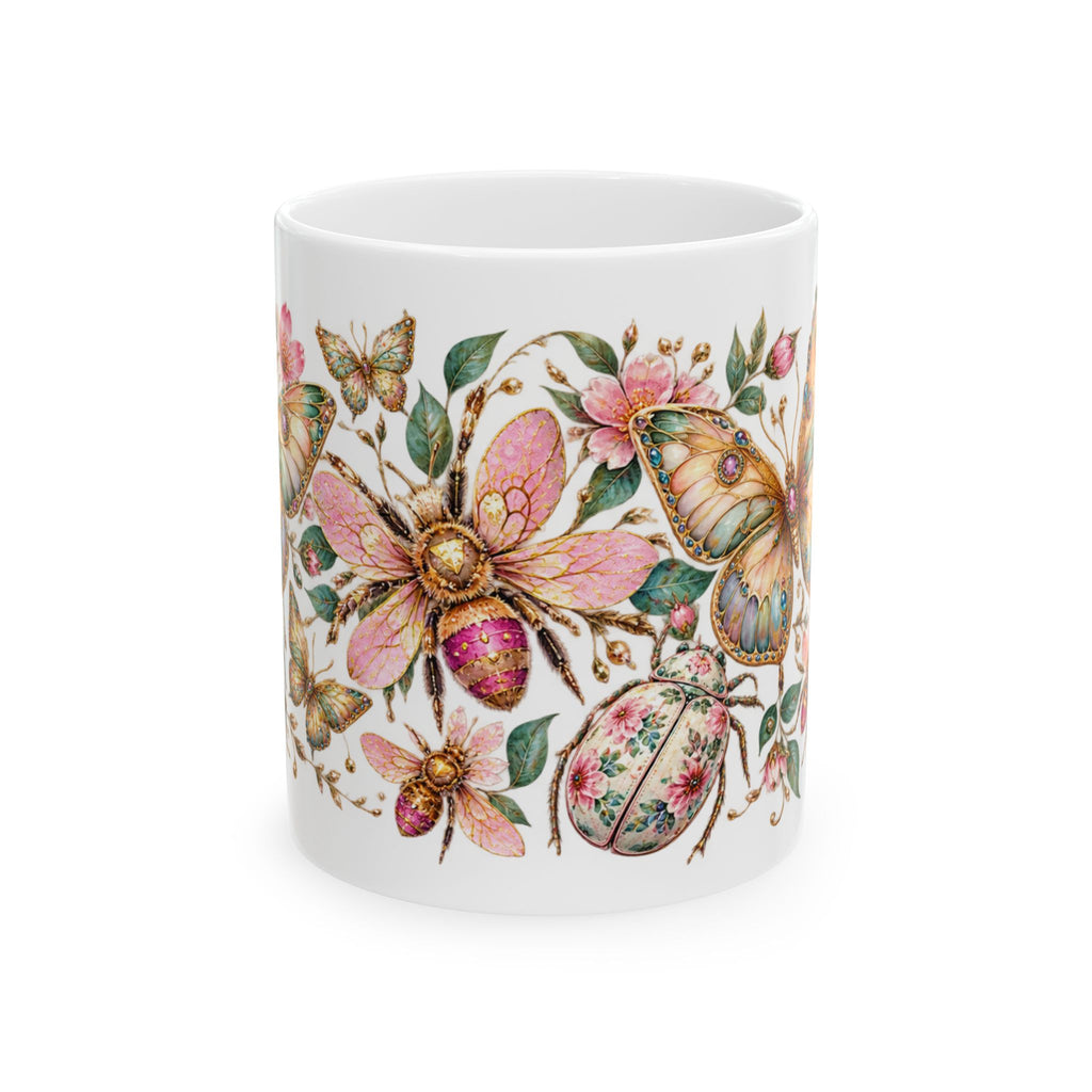 Floral Bees Ceramic Mug — Pink Vintage Bee & Butterfly Garden Coffee Cup (11oz, 15oz)