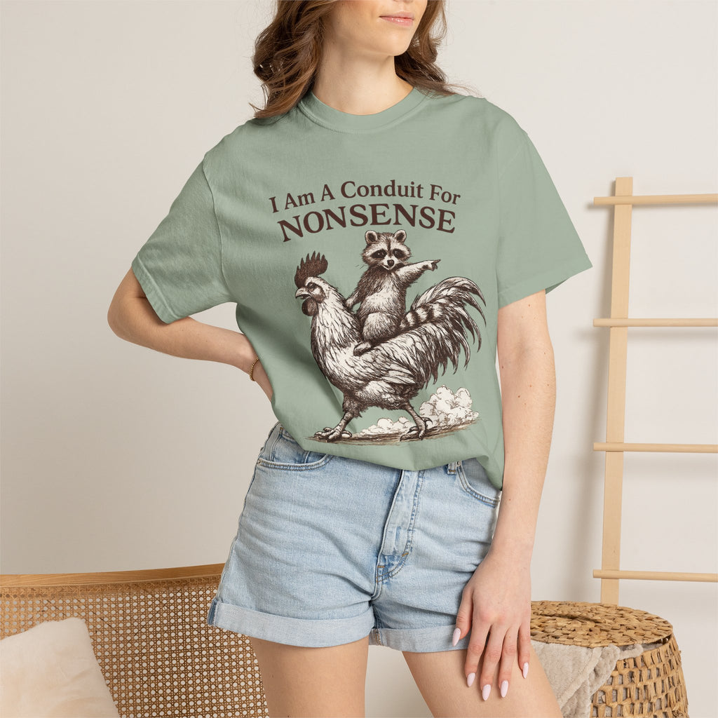 I Am a Conduit for Nonsense T-Shirt — Raccoon Riding Rooster Vintage Graphic Tee