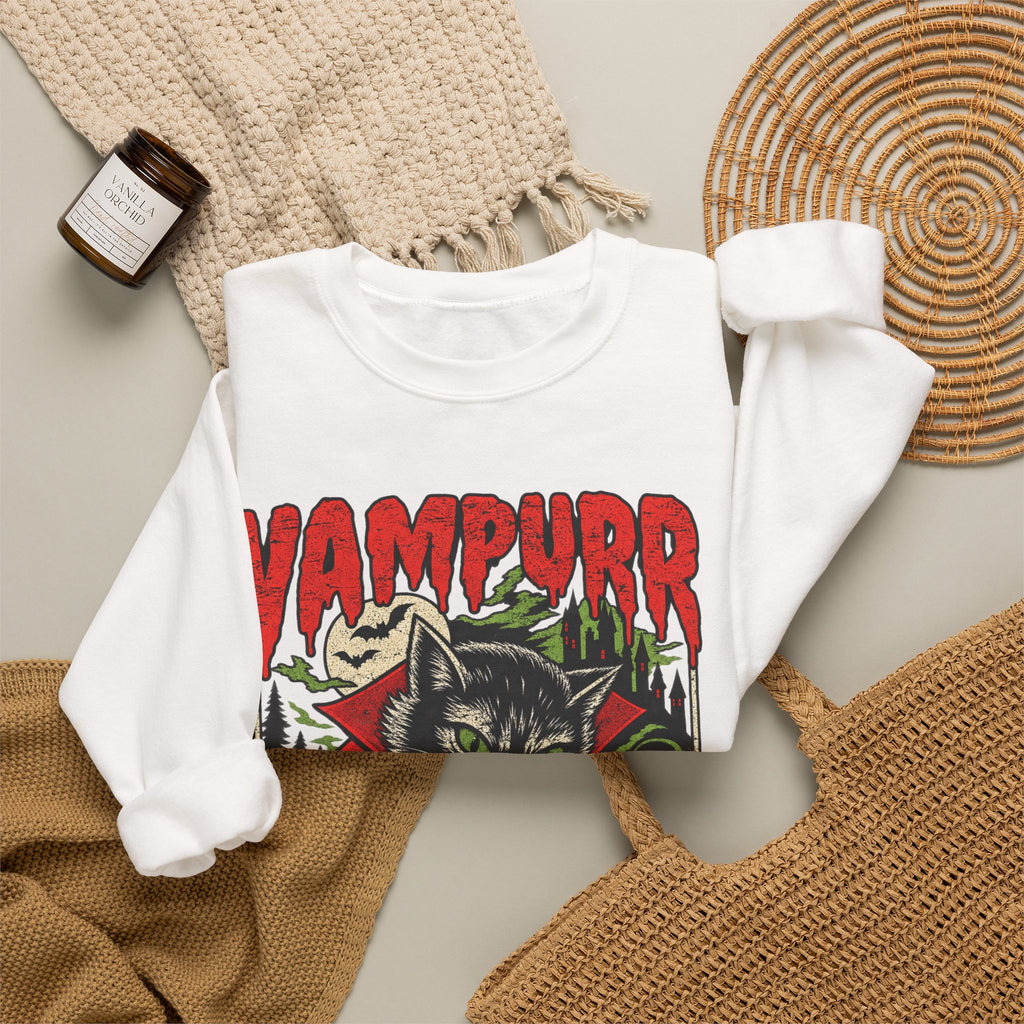 Vampurr Bites Again Sweatshirt — Retro Horror Cat Graphic Crewneck