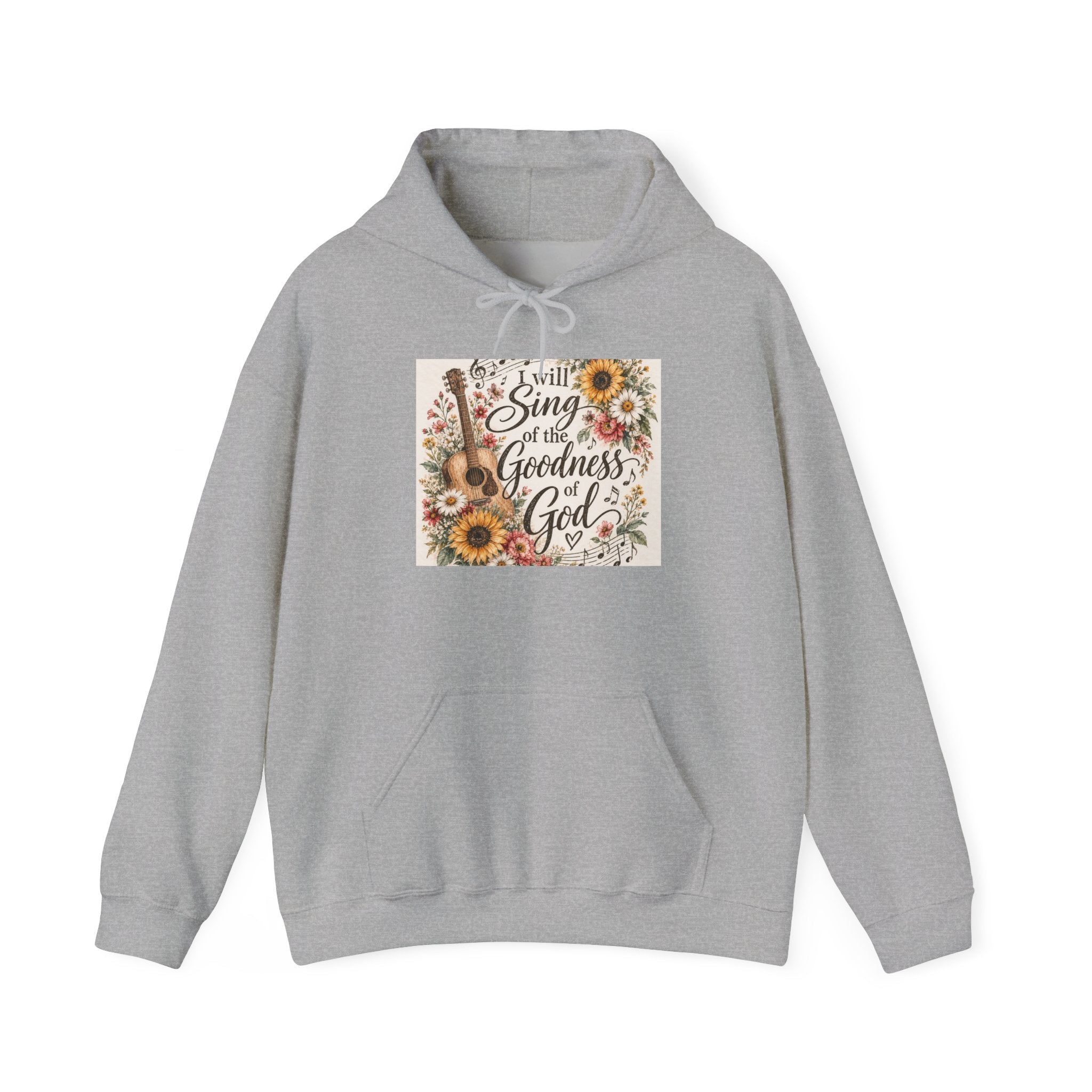 Christian Hoodie — "I Will Sing of the Goodness of God" Floral Guitar Design