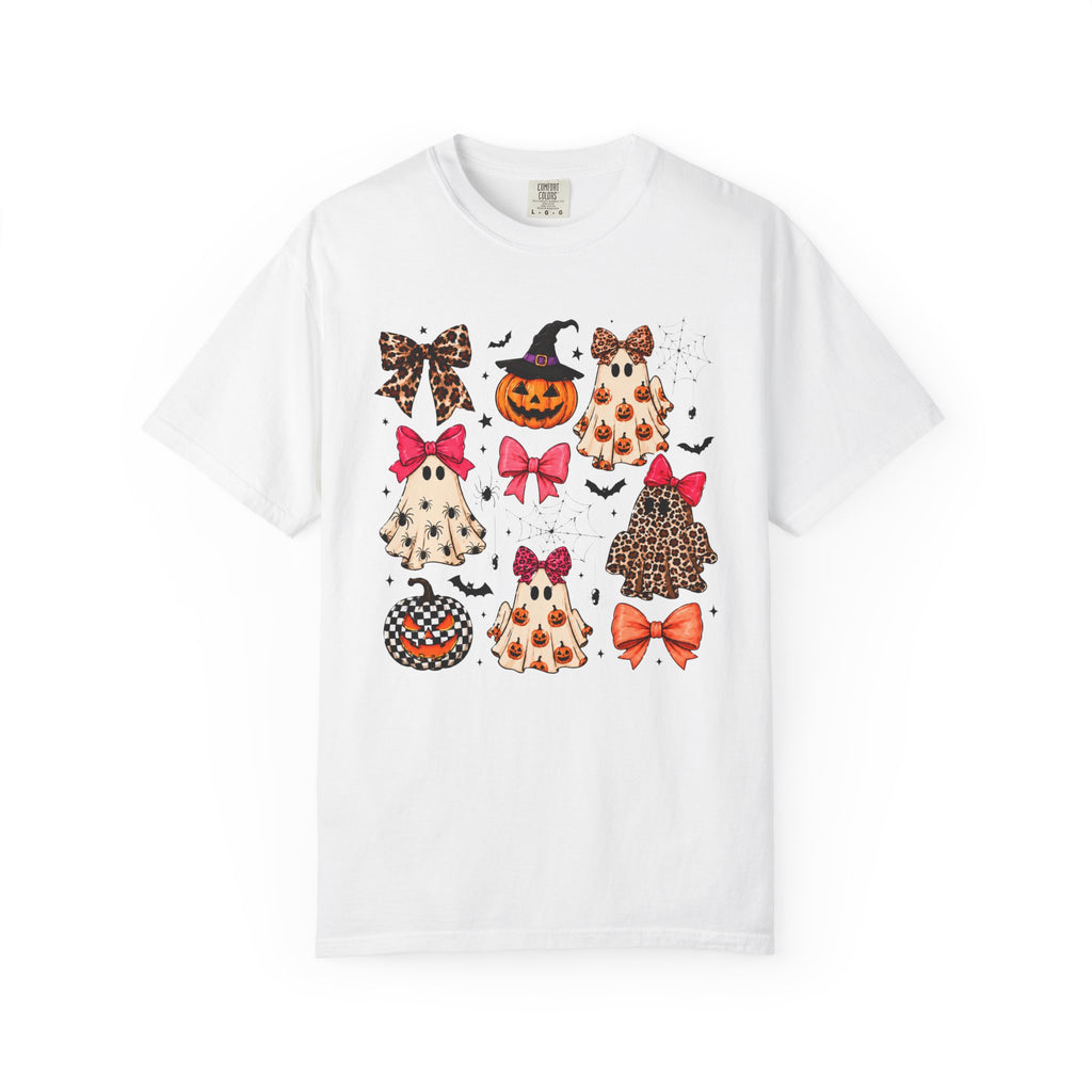Halloween Ghost & Bows T-Shirt — Leopard Print Pumpkins & Cute Ghosts