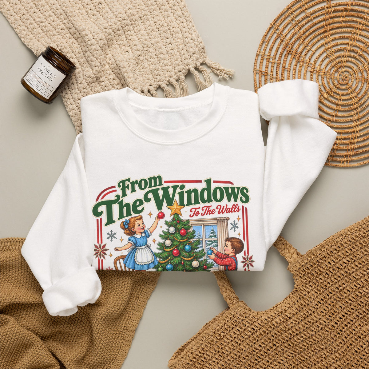 Christmas Crewneck Sweatshirt — "From The Windows To The Walls, I'm About To Deck These Halls" Vintage Tree Design