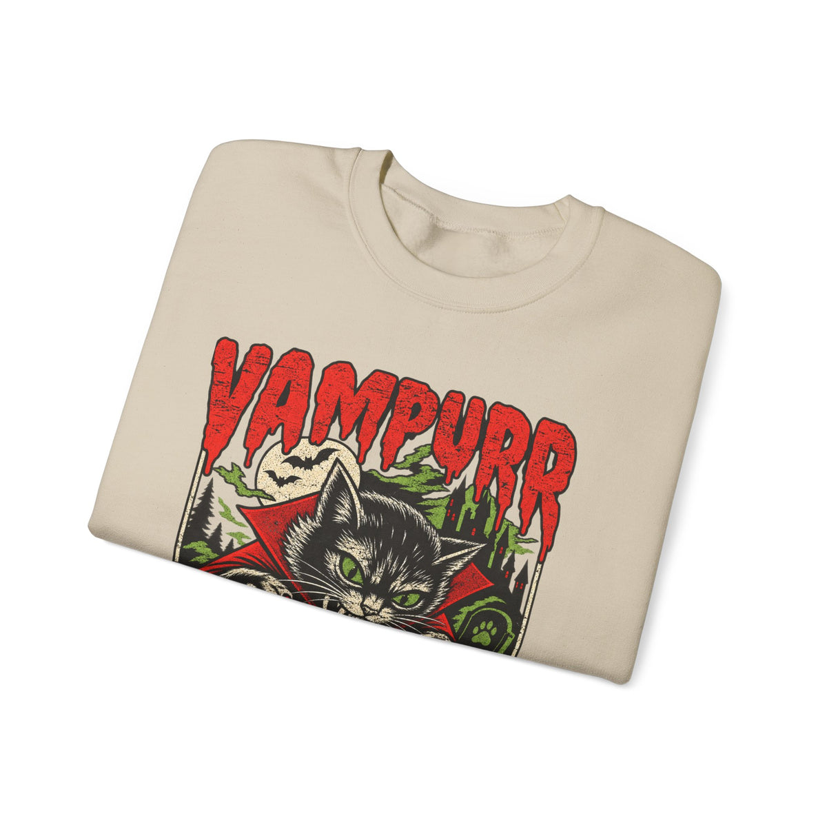 Vampurr Bites Again Sweatshirt — Retro Horror Cat Graphic Crewneck