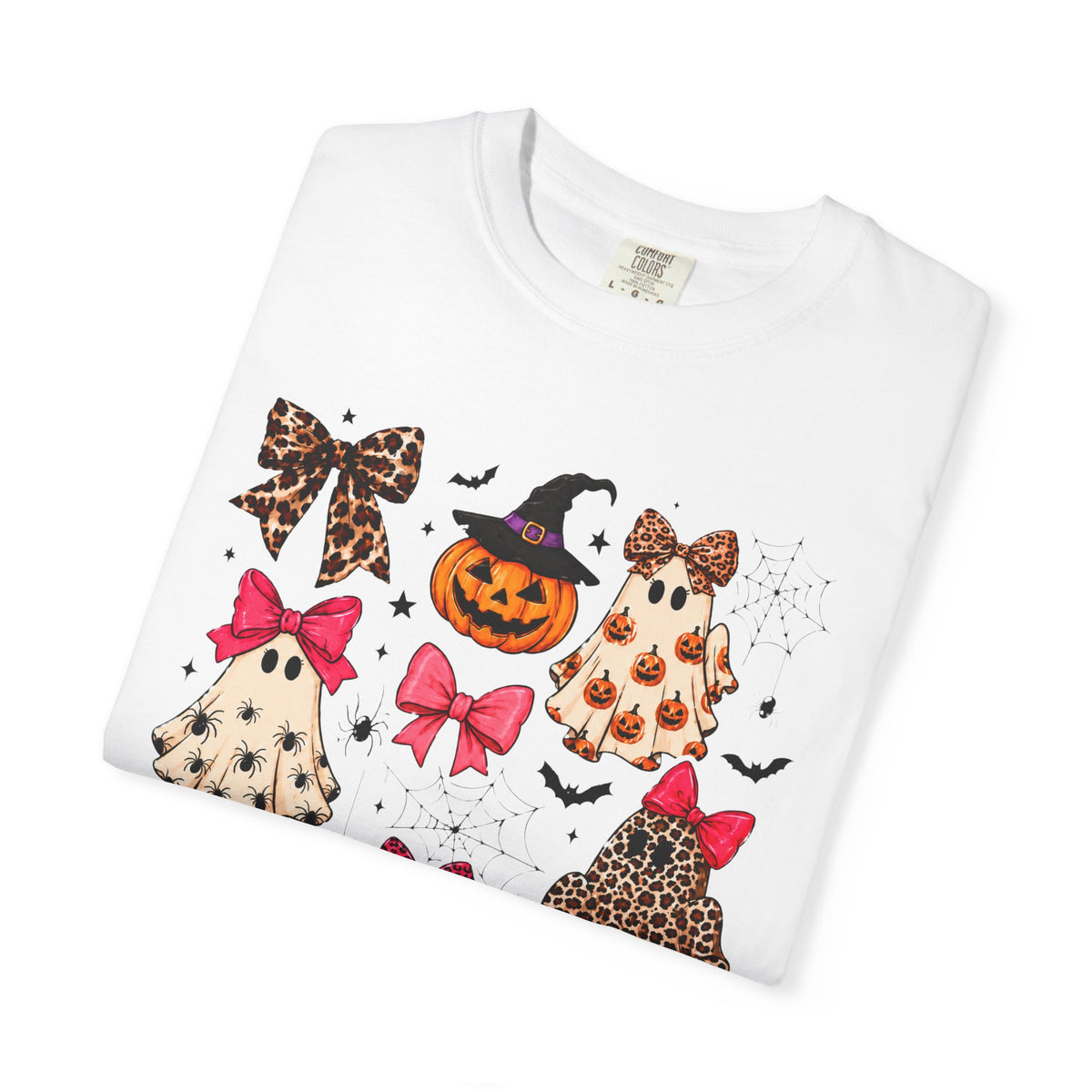 Halloween Ghost & Bows T-Shirt — Leopard Print Pumpkins & Cute Ghosts