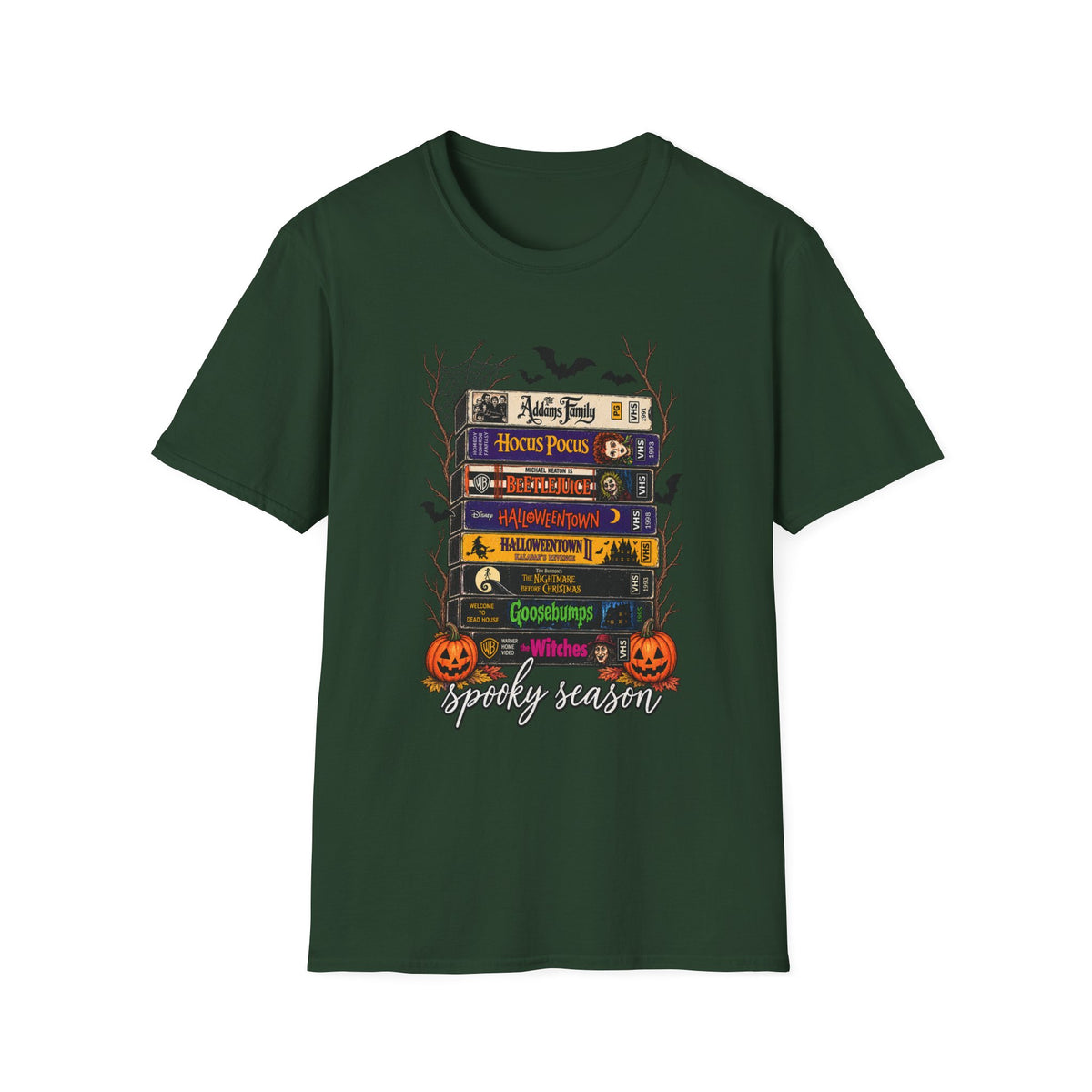 Halloween Movie Book Stack  Soft style T-Shirt — Hocus Pocus, Beetlejuice & Halloween Town Graphic Gildan Tee