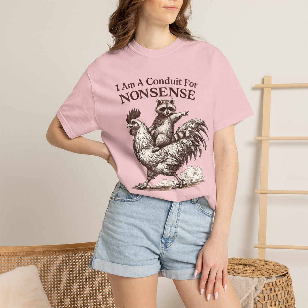 I Am a Conduit for Nonsense T-Shirt — Raccoon Riding Rooster Vintage Graphic Tee