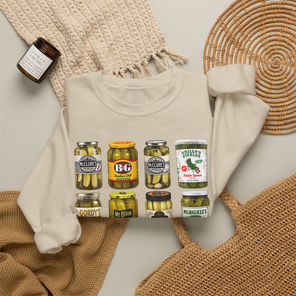 Pickle Jar Grid Sweatshirt — Vintage Grocery Label Graphic Crewneck