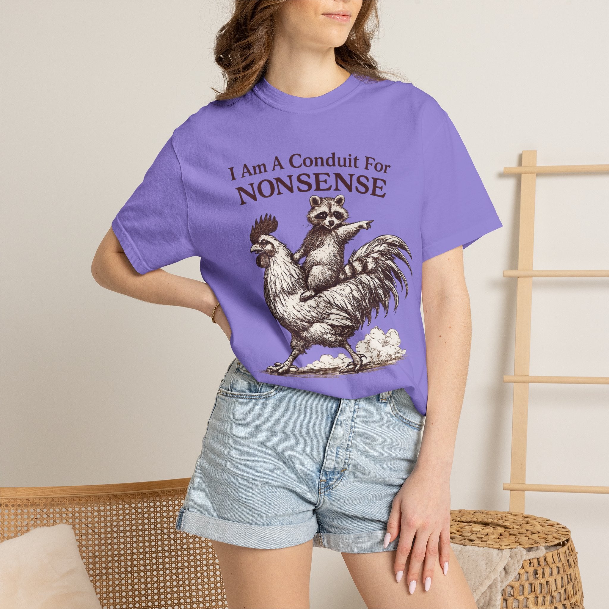I Am a Conduit for Nonsense T-Shirt — Raccoon Riding Rooster Vintage Graphic Tee