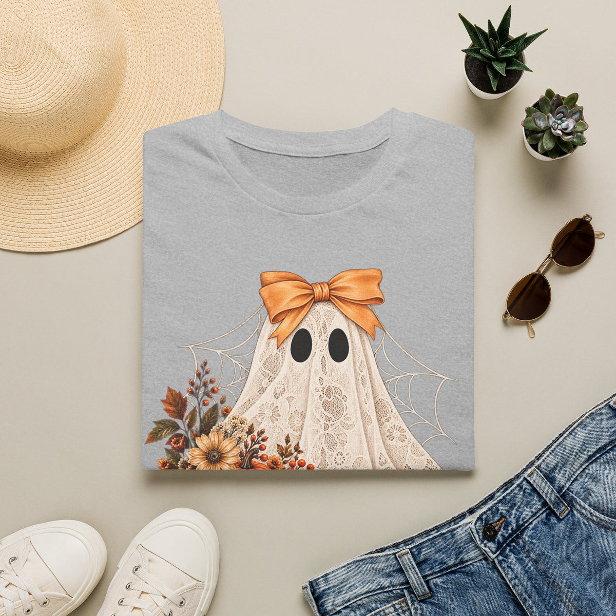 Lace Ghost Tee — Cute Halloween Ghost with Orange Bow & Autumn Florals