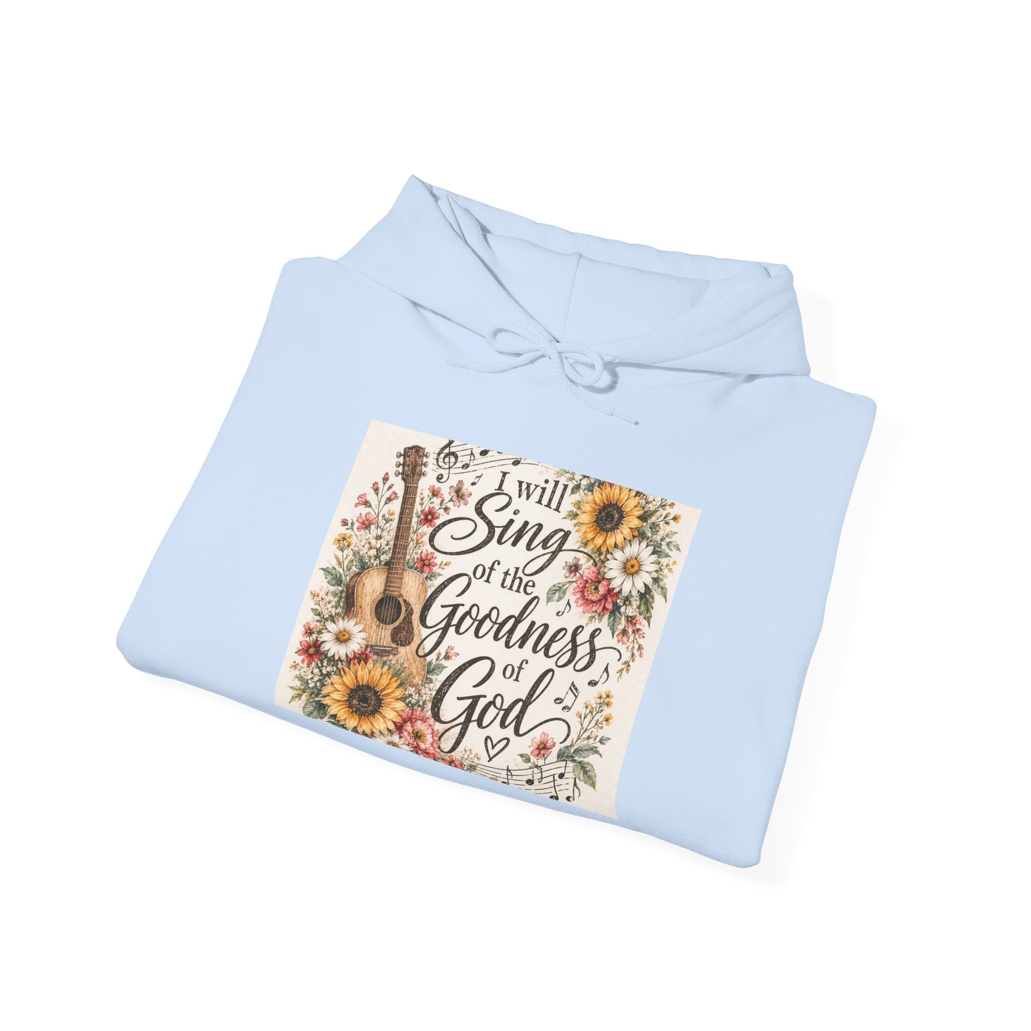 Christian Hoodie — "I Will Sing of the Goodness of God" Floral Guitar Design