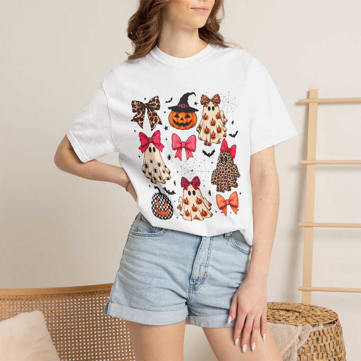 Halloween Ghost & Bows T-Shirt — Leopard Print Pumpkins & Cute Ghosts