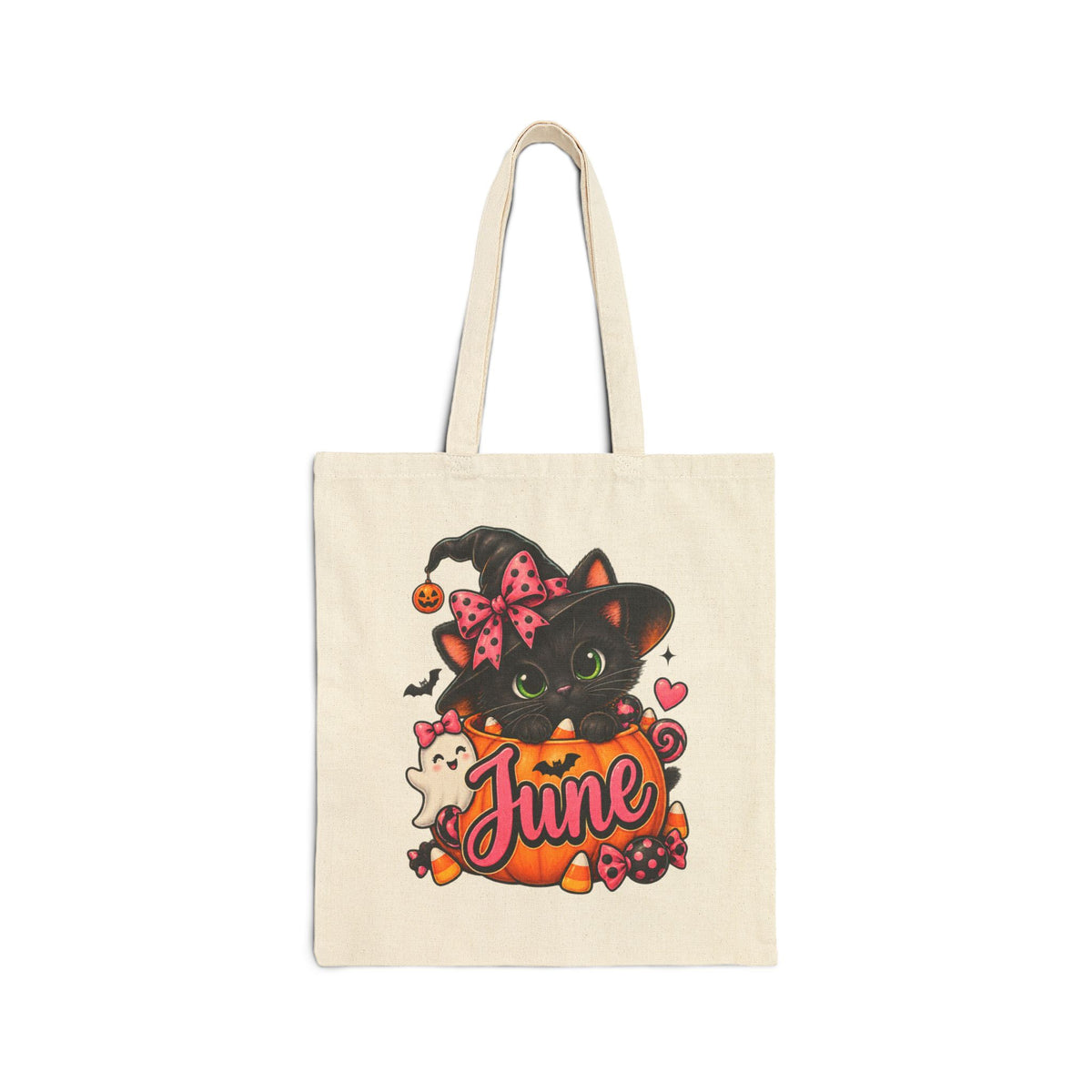 June Witch Cat Halloween Tote Bag — Cute Seasonal Canvas Market Bag
