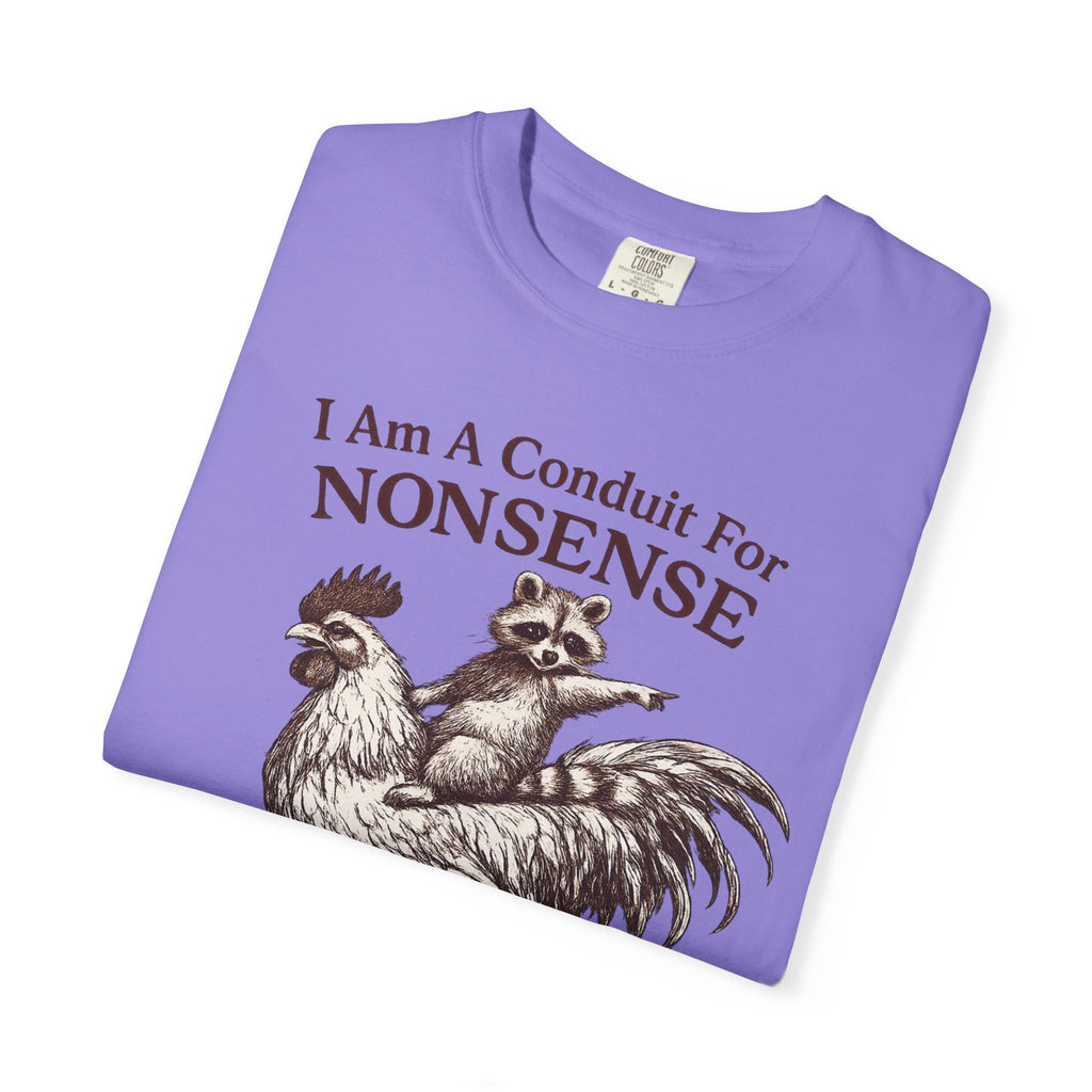 I Am a Conduit for Nonsense T-Shirt — Raccoon Riding Rooster Vintage Graphic Tee