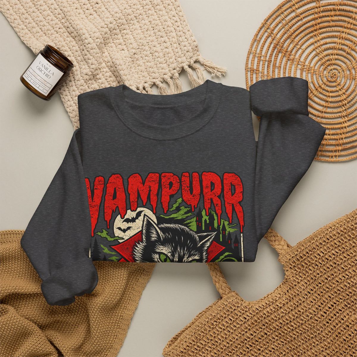 Vampurr Bites Again Sweatshirt — Retro Horror Cat Graphic Crewneck