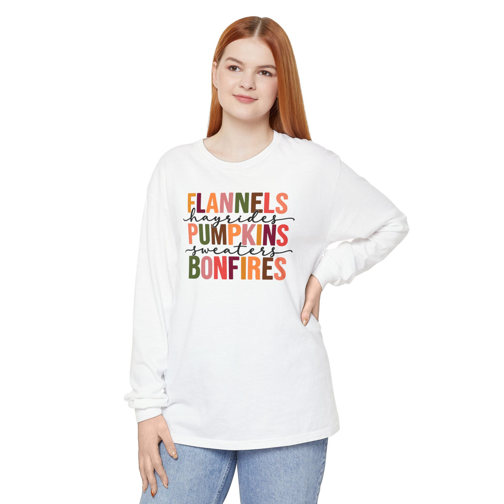 Fall Vibes Long Sleeve Tee — “Flannels Hayrides Pumpkins Sweaters Bonfires”