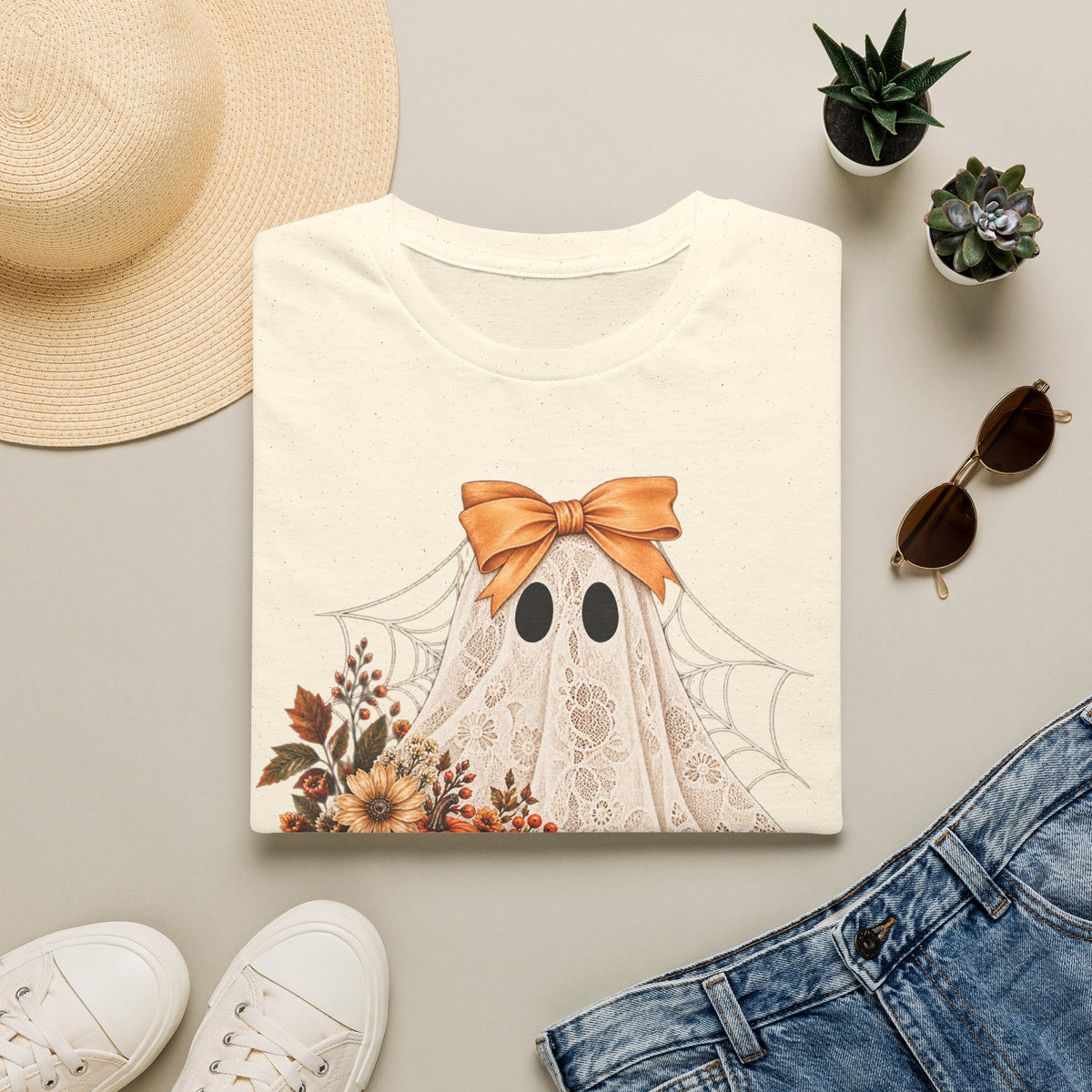 Lace Ghost Tee — Cute Halloween Ghost with Orange Bow & Autumn Florals