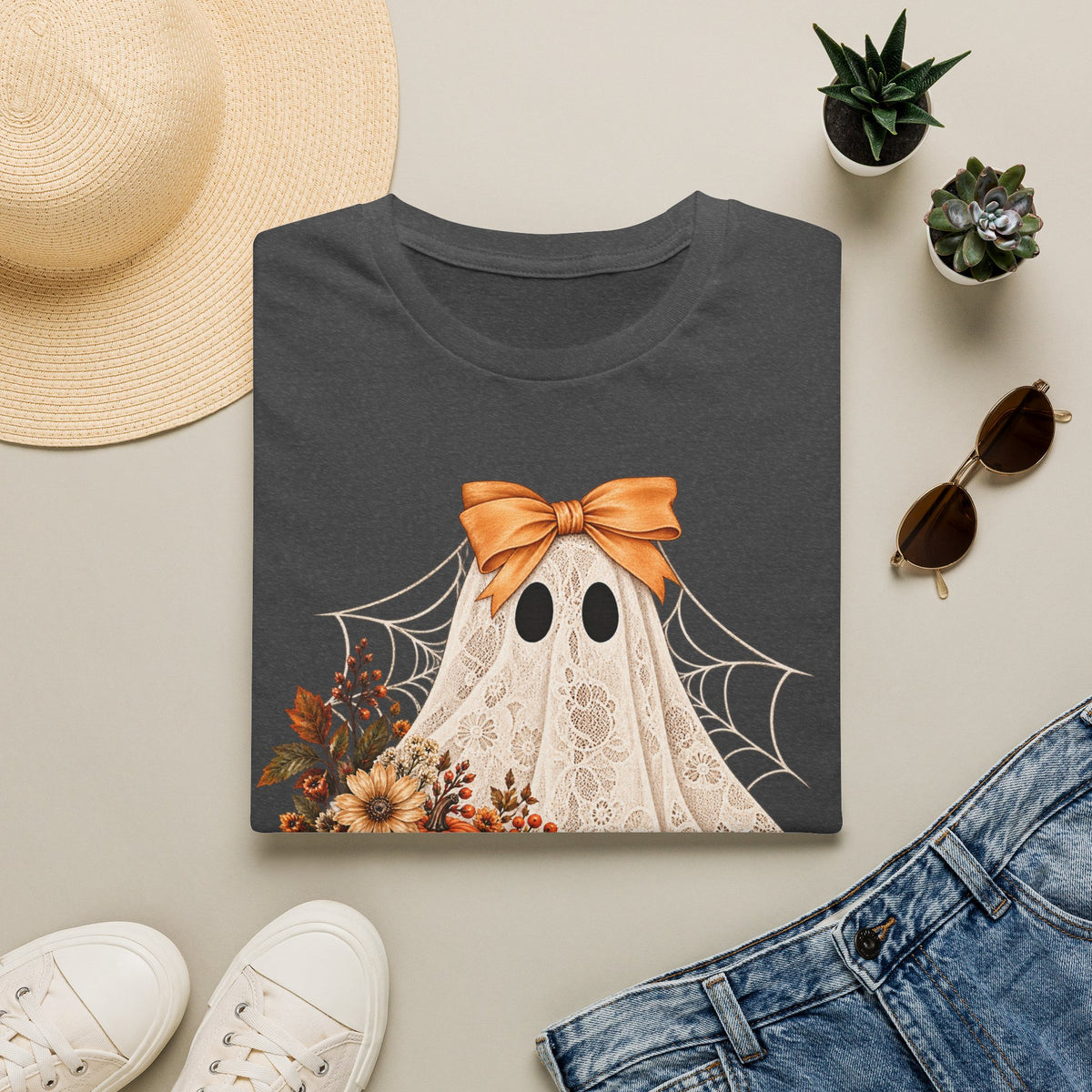 Lace Ghost Tee — Cute Halloween Ghost with Orange Bow & Autumn Florals