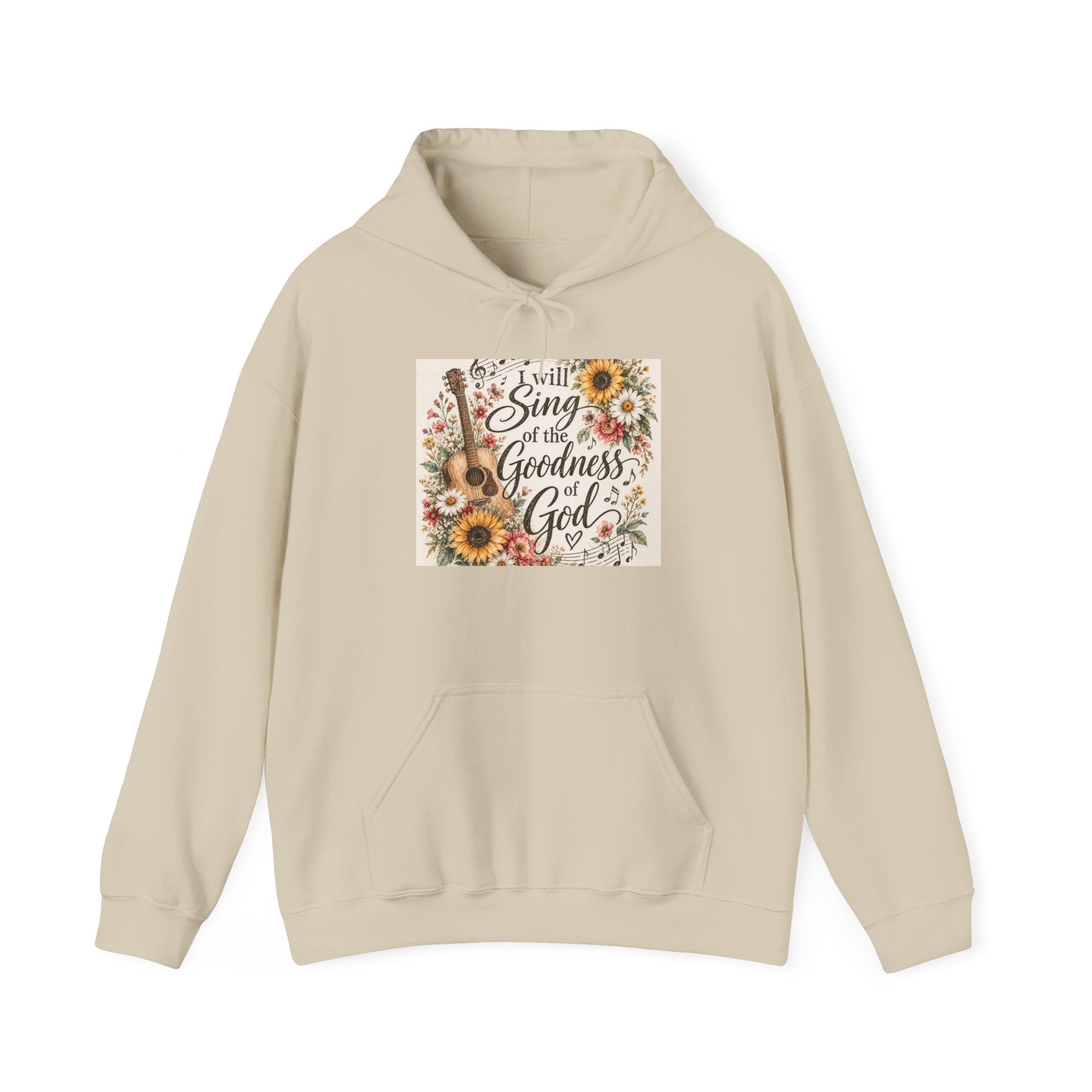 Christian Hoodie — "I Will Sing of the Goodness of God" Floral Guitar Design