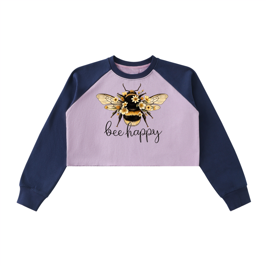 Bee Happy Raw-Hem Color-Block Raglan Crop Sweatshirt