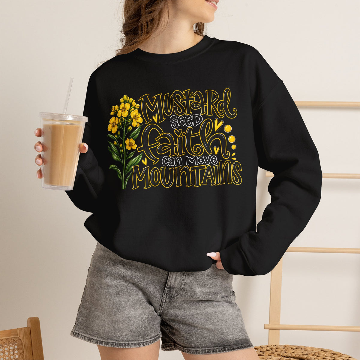 Faith Sweatshirt — "Mustard Seed Faith Can Move Mountains" Floral Crewneck