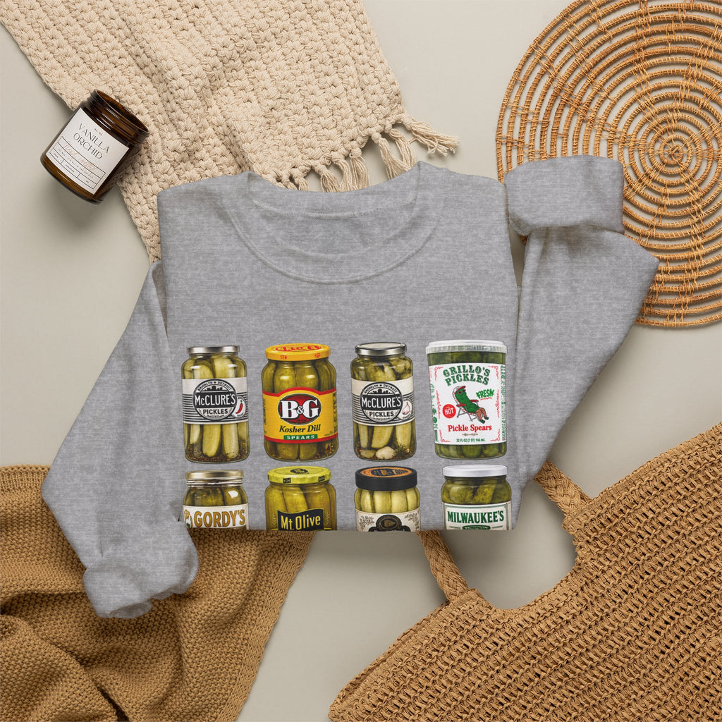 Pickle Jar Grid Sweatshirt — Vintage Grocery Label Graphic Crewneck