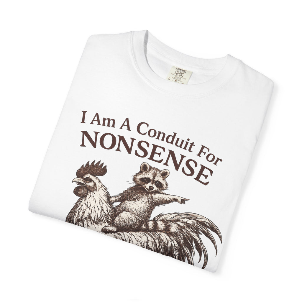 I Am a Conduit for Nonsense T-Shirt — Raccoon Riding Rooster Vintage Graphic Tee