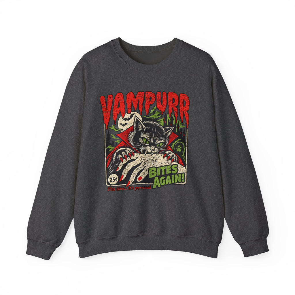 Vampurr Bites Again Sweatshirt — Retro Horror Cat Graphic Crewneck