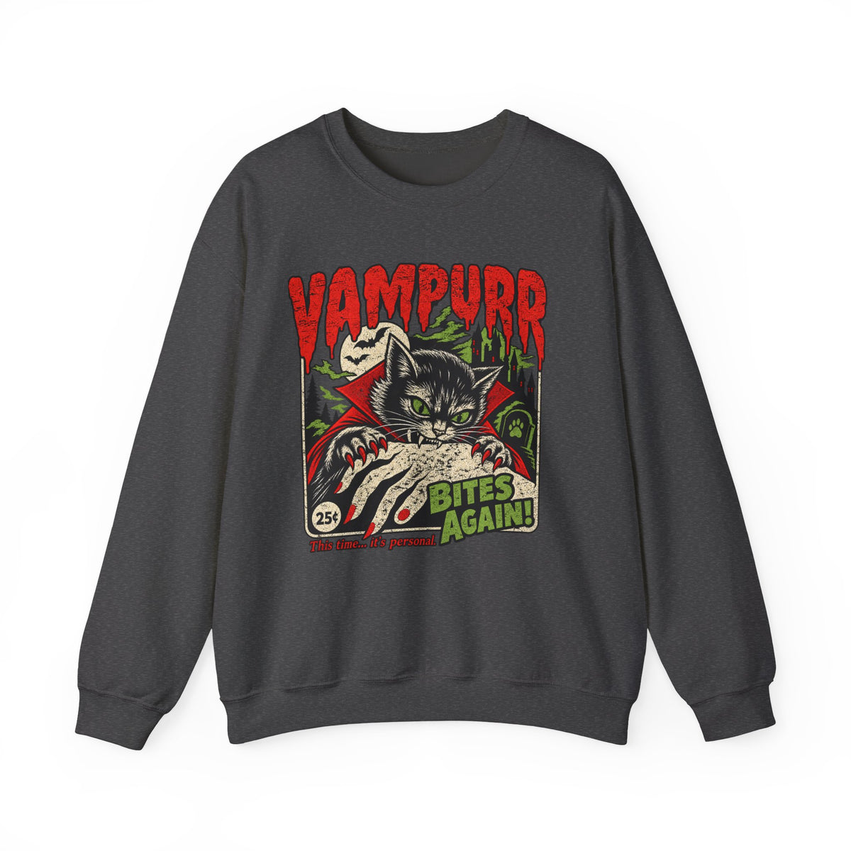 Vampurr Bites Again Sweatshirt — Retro Horror Cat Graphic Crewneck