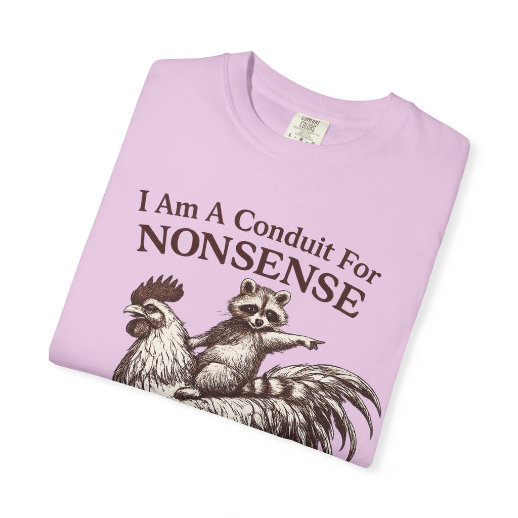 I Am a Conduit for Nonsense T-Shirt — Raccoon Riding Rooster Vintage Graphic Tee