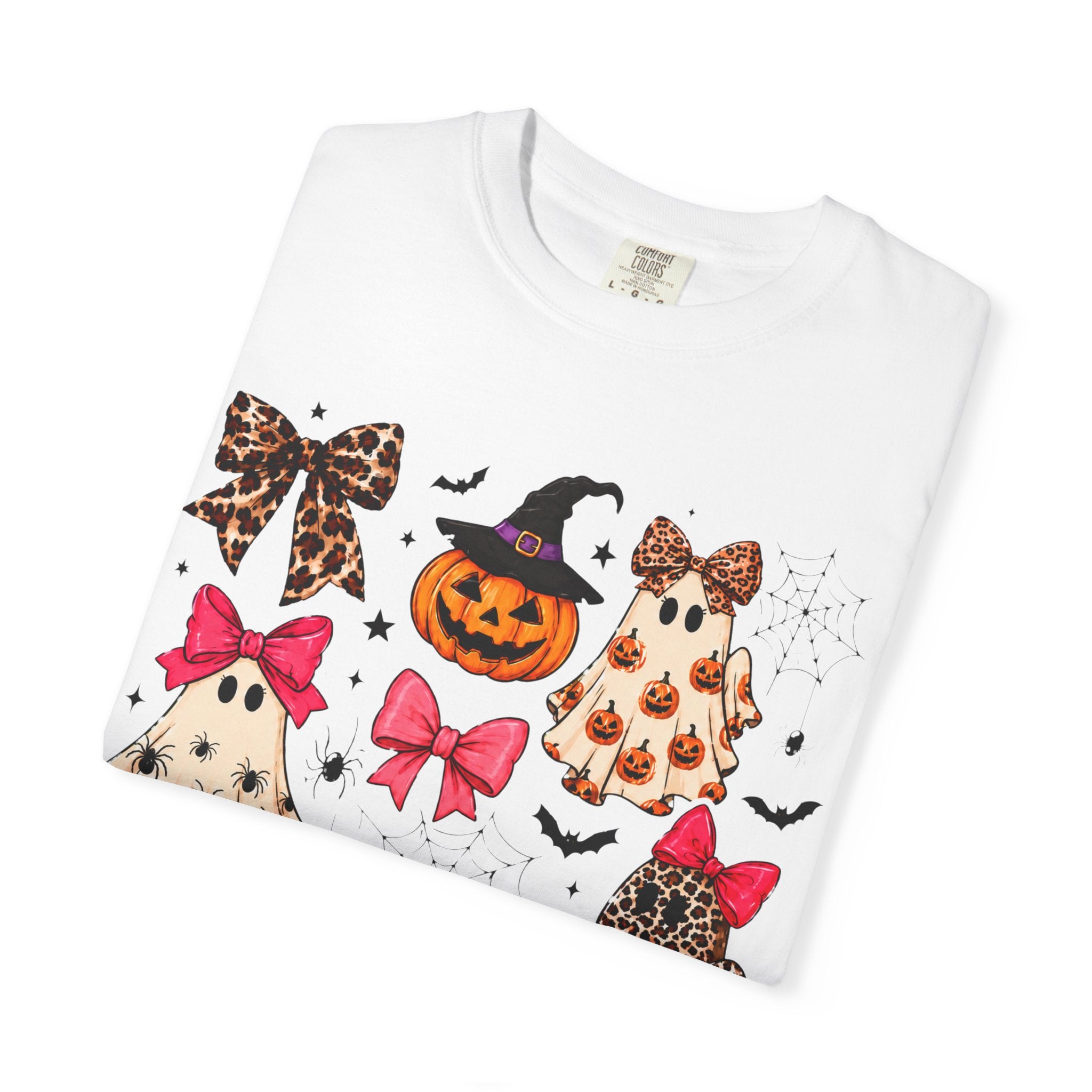 Halloween Ghost & Bows T-Shirt — Leopard Print Pumpkins & Cute Ghosts