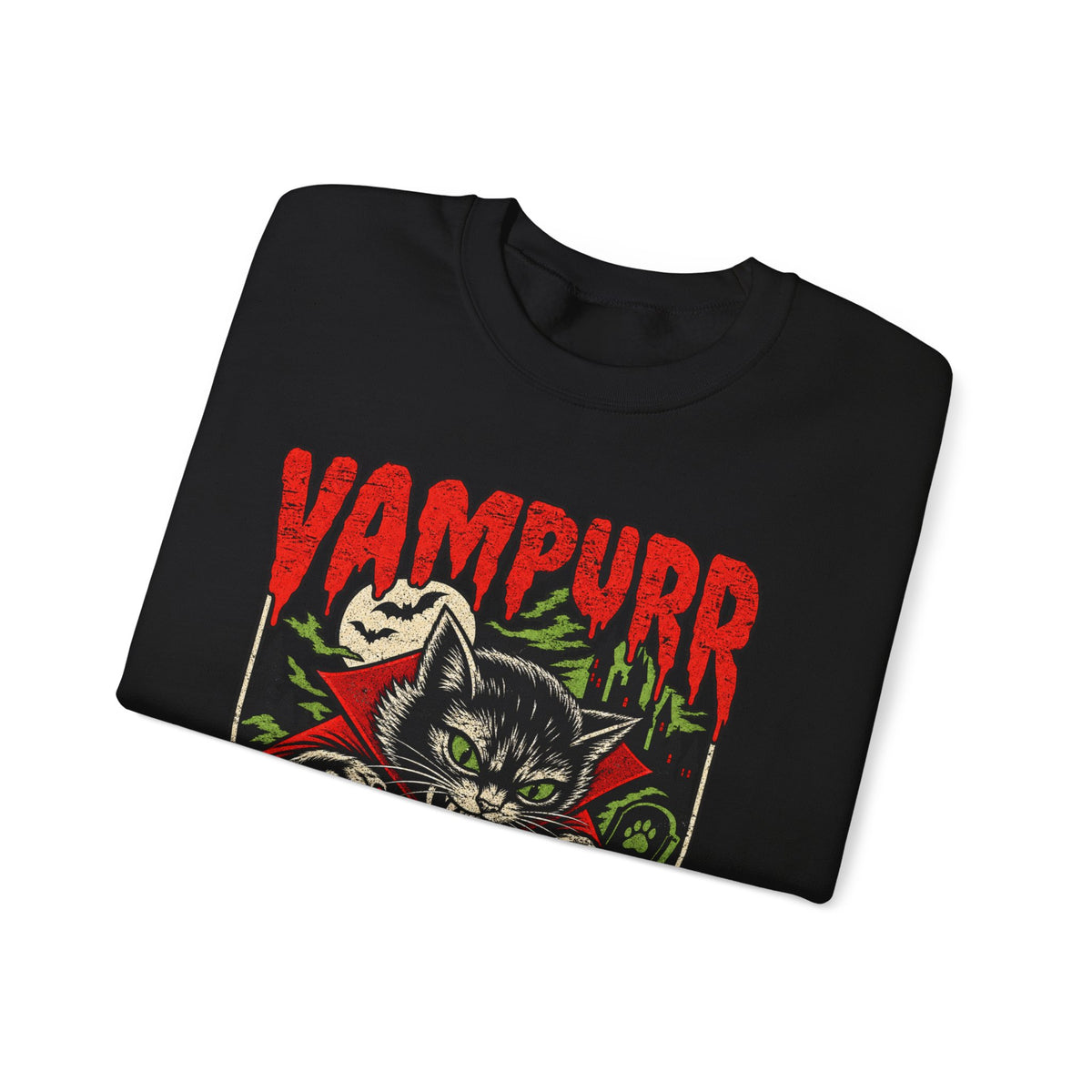 Vampurr Bites Again Sweatshirt — Retro Horror Cat Graphic Crewneck