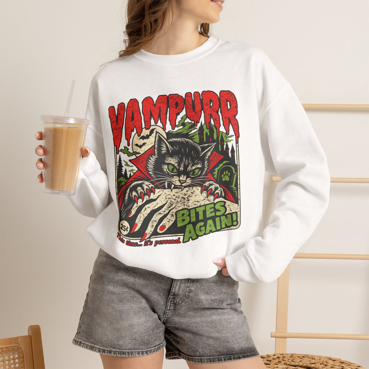Vampurr Bites Again Sweatshirt — Retro Horror Cat Graphic Crewneck