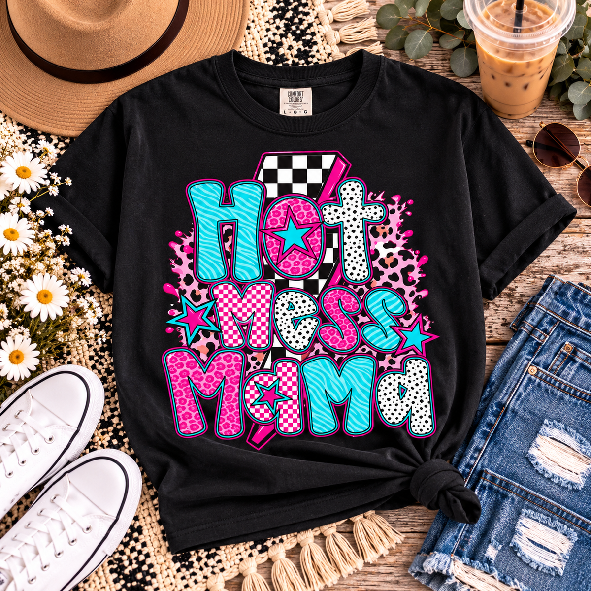 Hot Mess Mama Graphic T-Shirt — Retro Neon Mom Tee