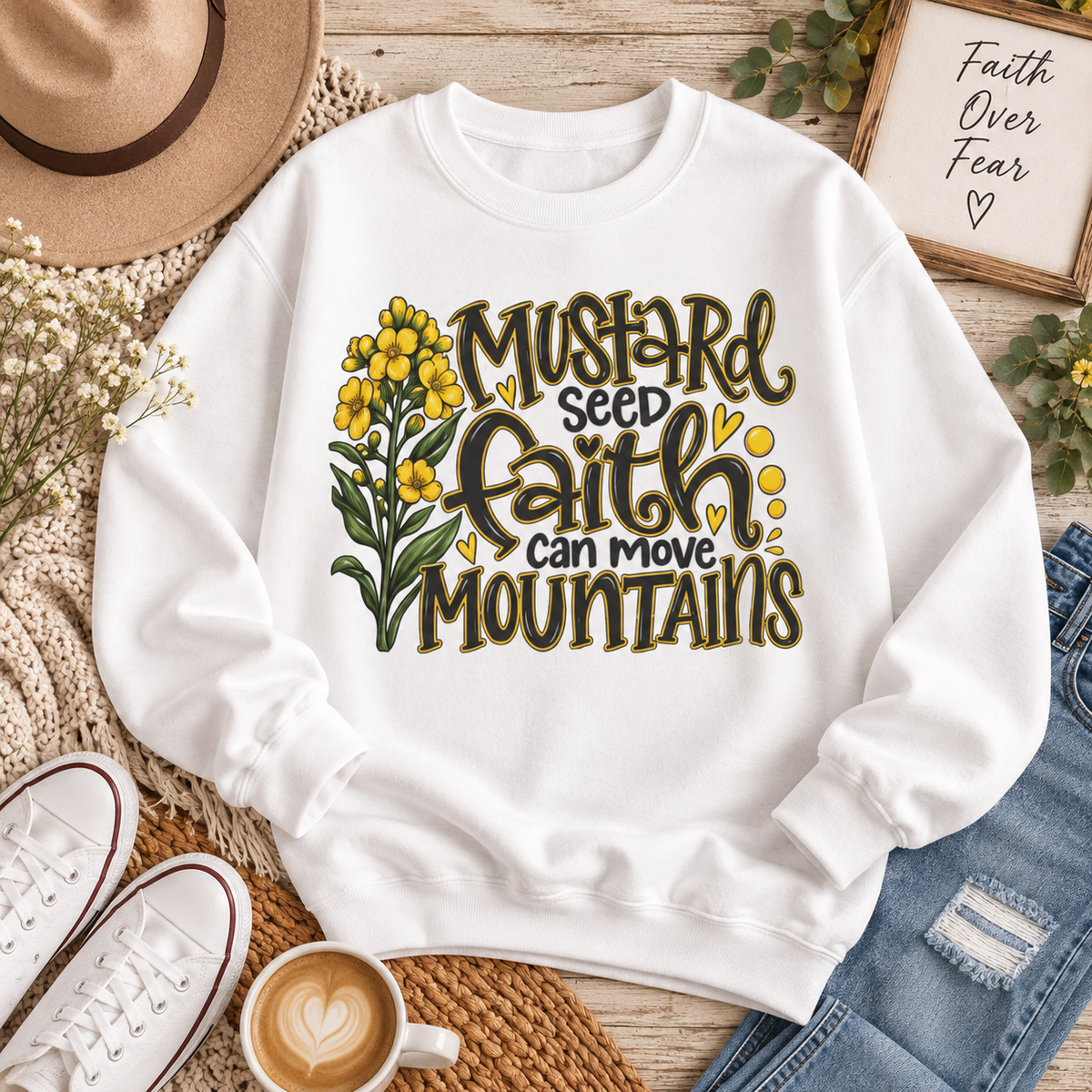 Faith Sweatshirt — "Mustard Seed Faith Can Move Mountains" Floral Crewneck