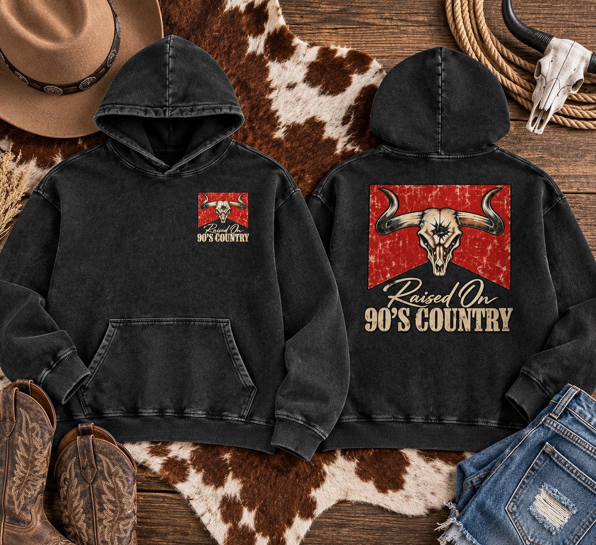 Raised on 90s country Snow Washed Loose Cotton Hoodie
