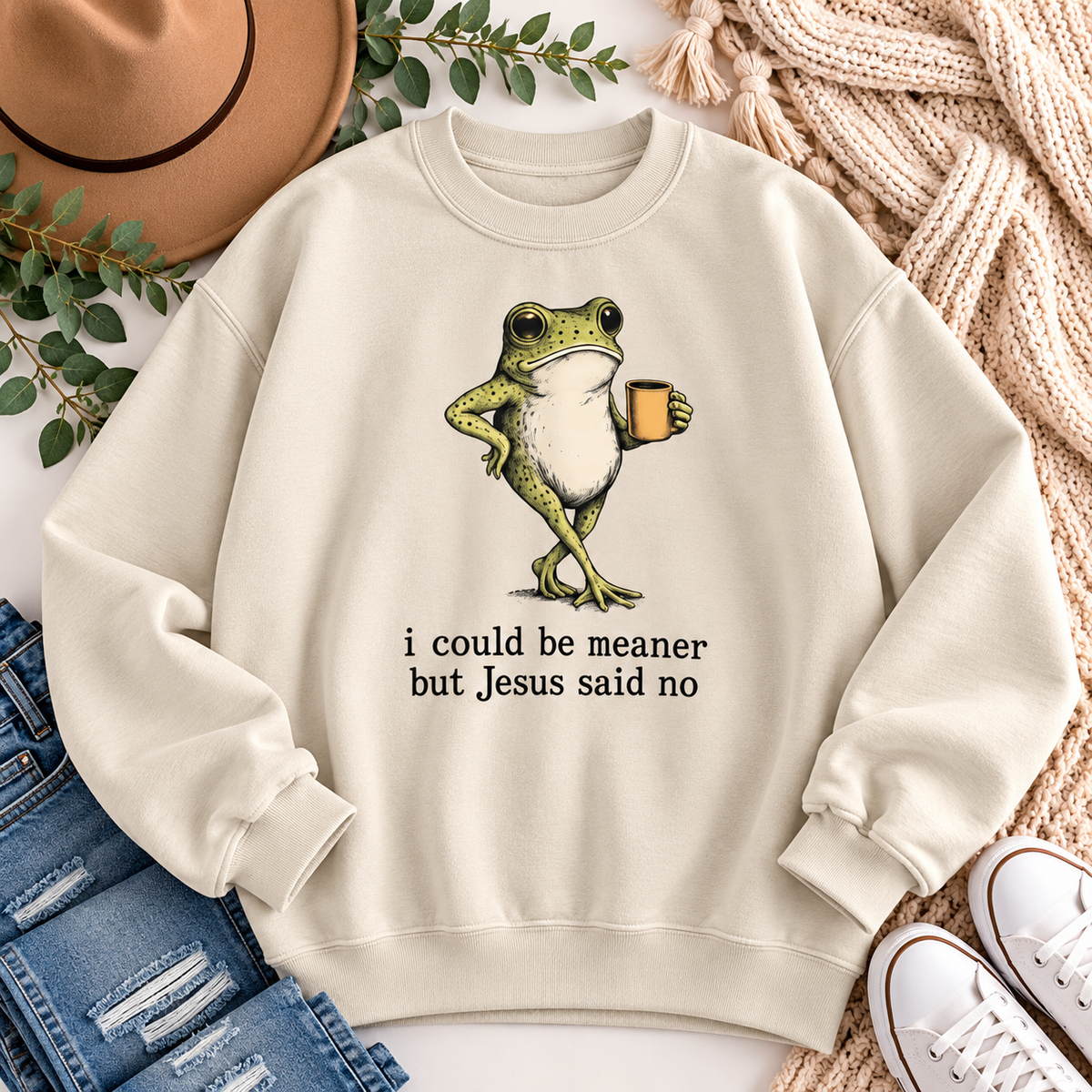 Christian Frog Crewneck Sweatshirt — "I Could Be Meaner But Jesus Said No"